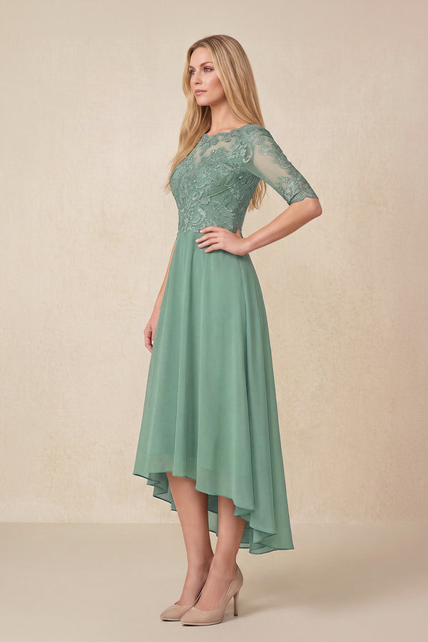 Sea Glass Embroidered A-Line Chiffon Midi Mother of the Bride Dress with Sleeves (3) | KISSBRIDAL