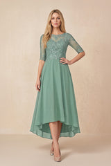 Sea Glass Embroidered A-Line Chiffon Midi Mother of the Bride Dress with Sleeves | KISSBRIDAL