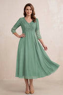 Sea Glass Embroidered Chiffon A-Line Midi Mother of the Bride Dress | KISSBRIDAL