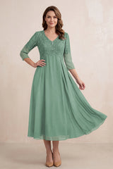 Sea Glass Embroidered Chiffon A-Line Midi Mother of the Bride Dress | KISSBRIDAL