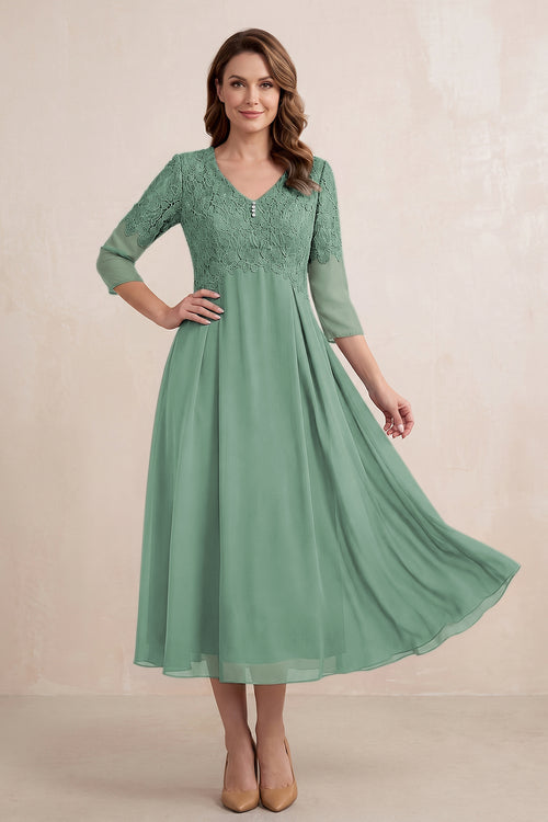 Sea Glass Embroidered Chiffon A-Line Midi Mother of the Bride Dress | KISSBRIDAL