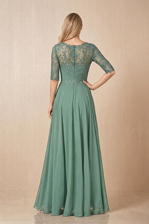 Sea Glass Embroidered Chiffon Boat Neck A-Line Mother of the Bride Dress with Half Sleeves (2) | KISSBRIDAL