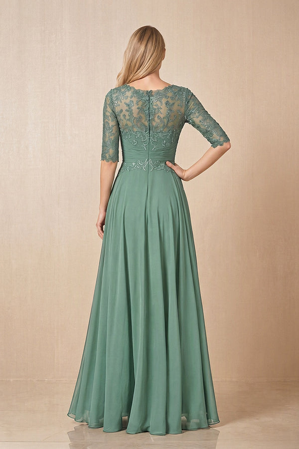 Sea Glass Embroidered Chiffon Boat Neck A-Line Mother of the Bride Dress with Half Sleeves (2) | KISSBRIDAL
