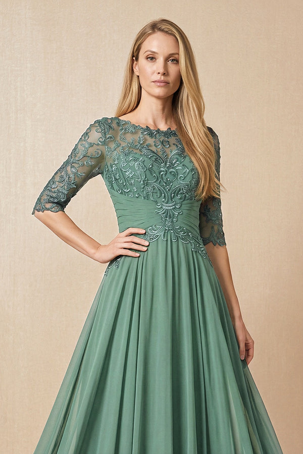 Sea Glass Embroidered Chiffon Boat Neck A-Line Mother of the Bride Dress with Half Sleeves (3) | KISSBRIDAL