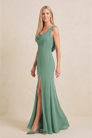 Sea Glass Embroidered Cowl Neck Sheath Chiffon Mother of the Bride Dress (3) | KISSBRIDAL