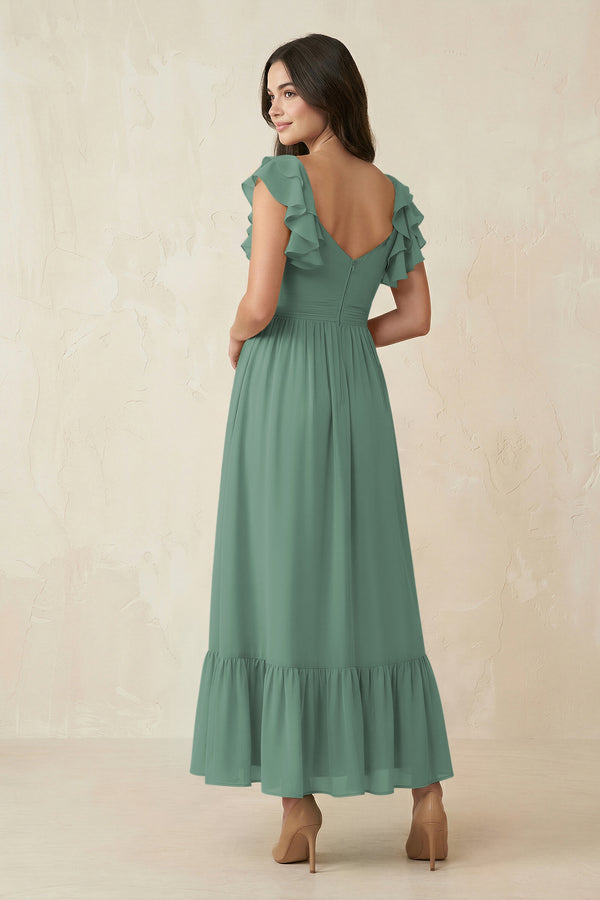 Sea Glass Flutter Sleeve Sweetheart A-Line Chiffon Bridesmaid Dress (2) | KISSBRIDAL