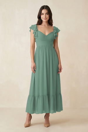 Sea Glass Flutter Sleeve Sweetheart A-Line Chiffon Bridesmaid Dress | KISSBRIDAL