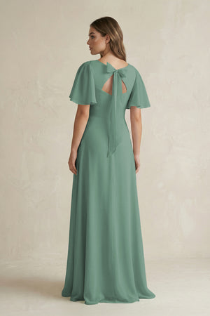 Sea Glass Flutter Sleeve V-Neck A-Line Chiffon Bridesmaid Dress (2) | KISSBRIDAL