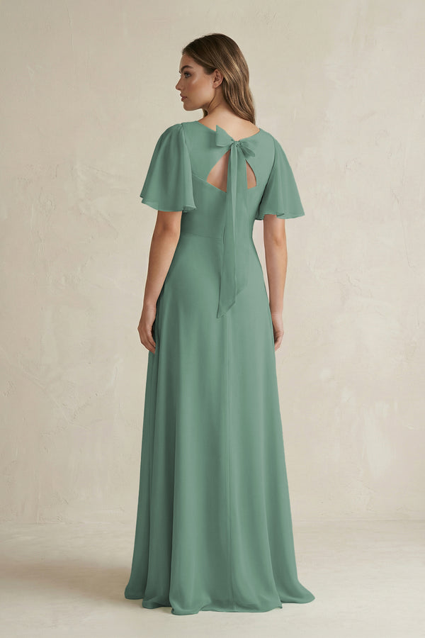 Sea Glass Flutter Sleeve V-Neck A-Line Chiffon Bridesmaid Dress (2) | KISSBRIDAL