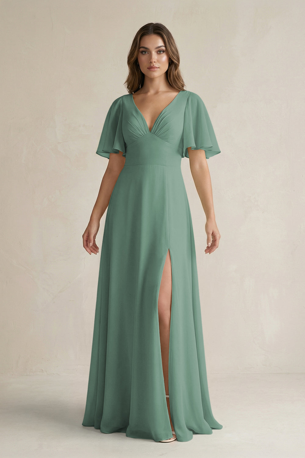 Flutter Sleeve V-Neck A-Line Chiffon Bridesmaid Dress in Sea Glass