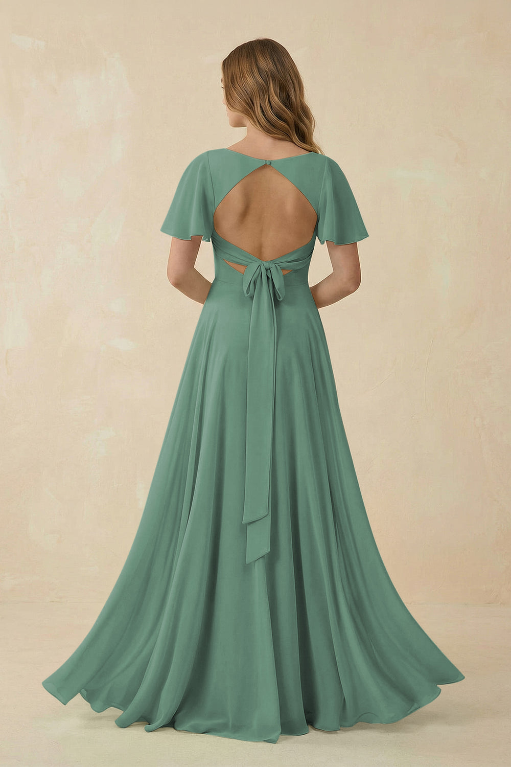 Flutter Sleeve V-Neck Chiffon A-Line Bridesmaid Dress in Sea Glass