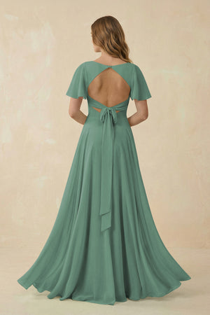 Sea Glass Flutter Sleeve V-Neck Chiffon A-Line Bridesmaid Dress (2) | KISSBRIDAL