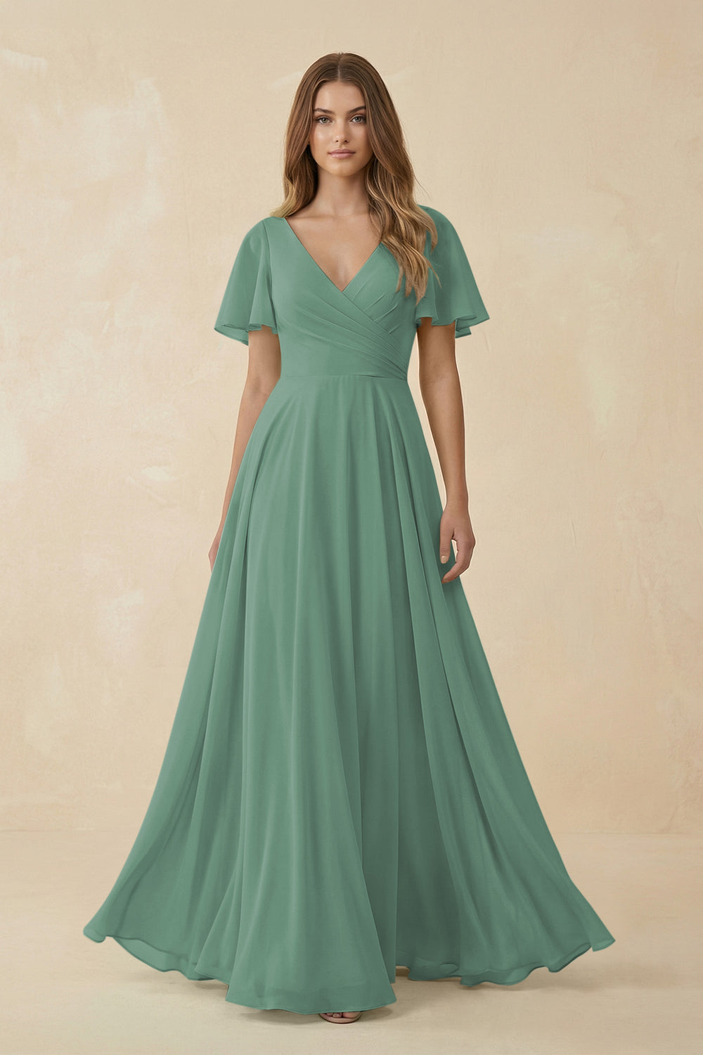 Flutter Sleeve V-Neck Chiffon A-Line Bridesmaid Dress in Sea Glass
