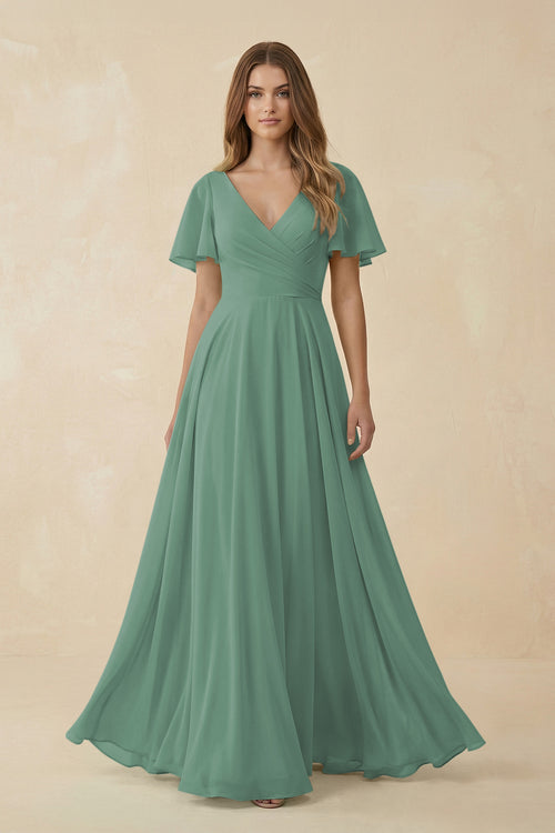 Sea Glass Flutter Sleeve V-Neck Chiffon A-Line Bridesmaid Dress | KISSBRIDAL