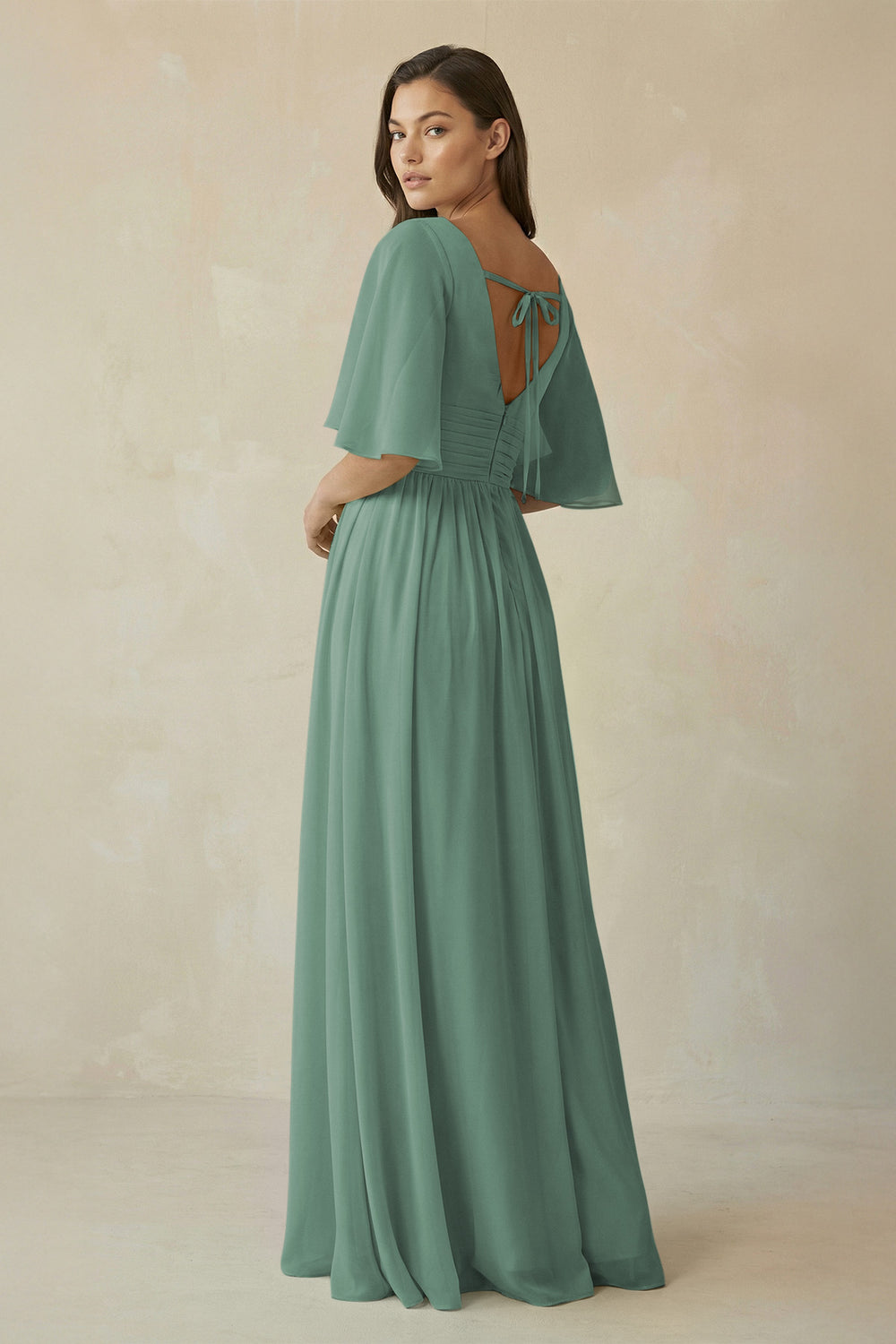 Half Sleeve V-Neck A-Line Chiffon Bridesmaid Gown in Sea Glass