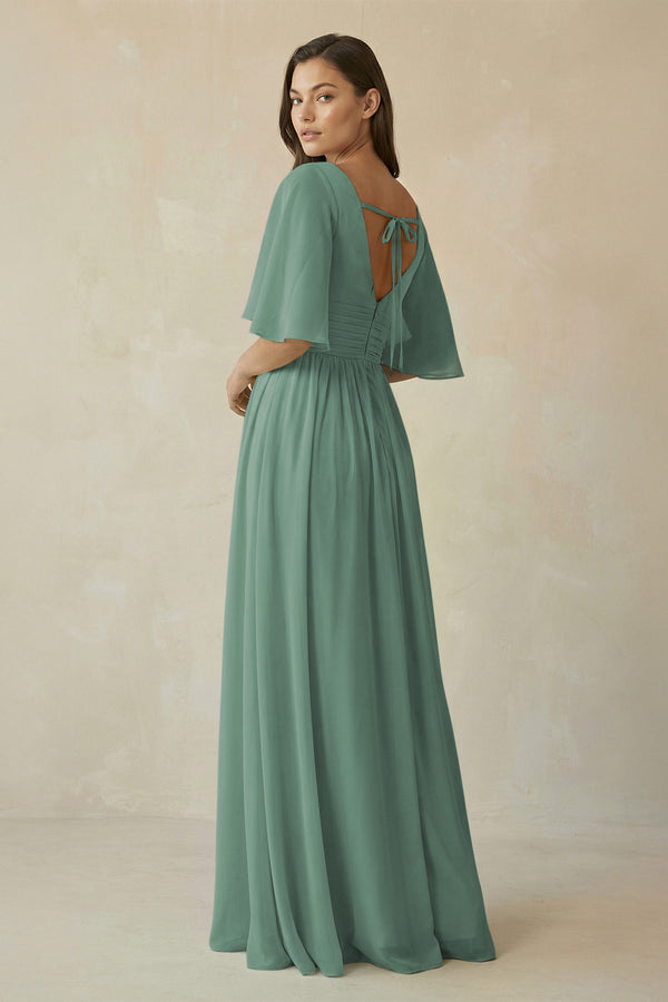 Sea Glass Half Sleeve V-Neck A-Line Chiffon Bridesmaid Gown (2) | KISSBRIDAL