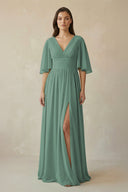 Sea Glass Half Sleeve V-Neck A-Line Chiffon Bridesmaid Gown | KISSBRIDAL