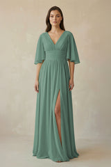 Sea Glass Half Sleeve V-Neck A-Line Chiffon Bridesmaid Gown | KISSBRIDAL