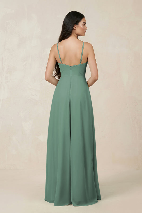 Sea Glass Halter Chiffon A-Line Bridesmaid Dress With Slit (2) | KISSBRIDAL