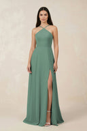 Sea Glass Halter Chiffon A-Line Bridesmaid Dress With Slit | KISSBRIDAL