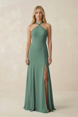 Sea Glass Halter Chiffon Mermaid Ruched Bridesmaid Dress | KISSBRIDAL