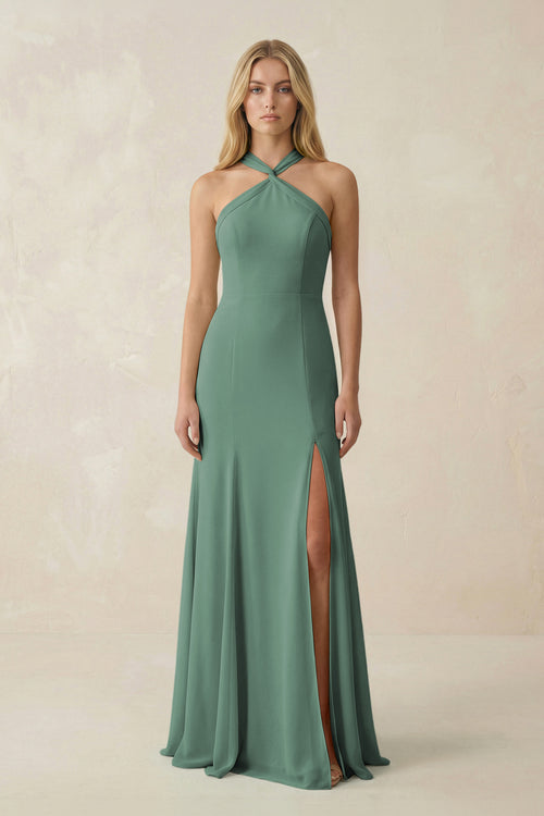Sea Glass Halter Chiffon Mermaid Ruched Bridesmaid Dress | KISSBRIDAL