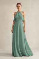 Sea Glass Halter Neck A-Line Chiffon Bridesmaid Dress with Keyhole | KISSBRIDAL