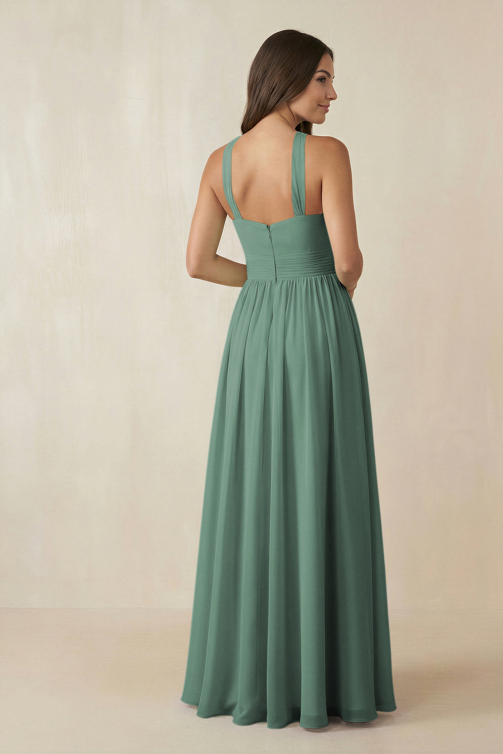 Halter Neck Ruched A-Line Chiffon Bridesmaid Dress in Sea Glass