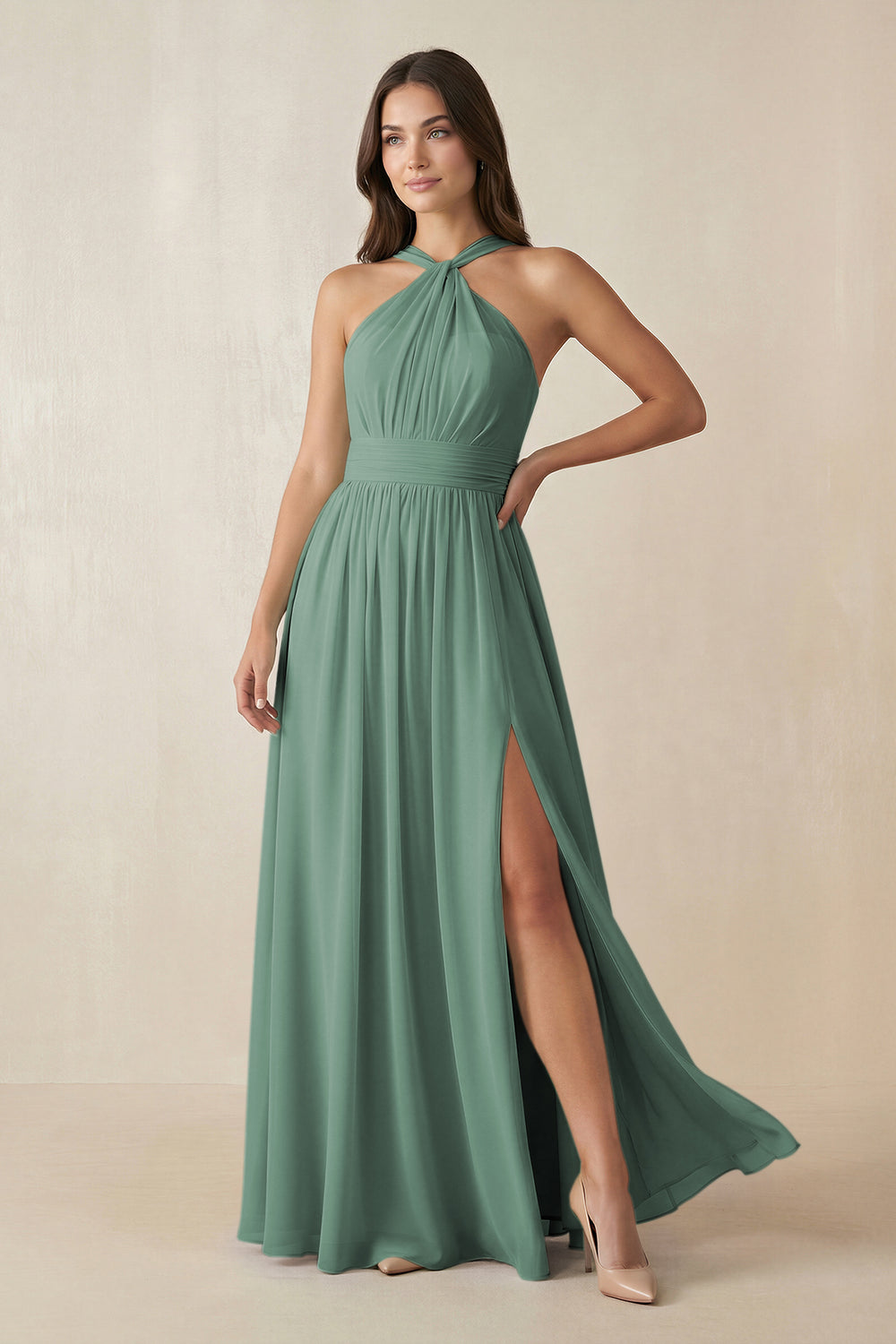 Halter Neck Ruched A-Line Chiffon Bridesmaid Dress in Sea Glass