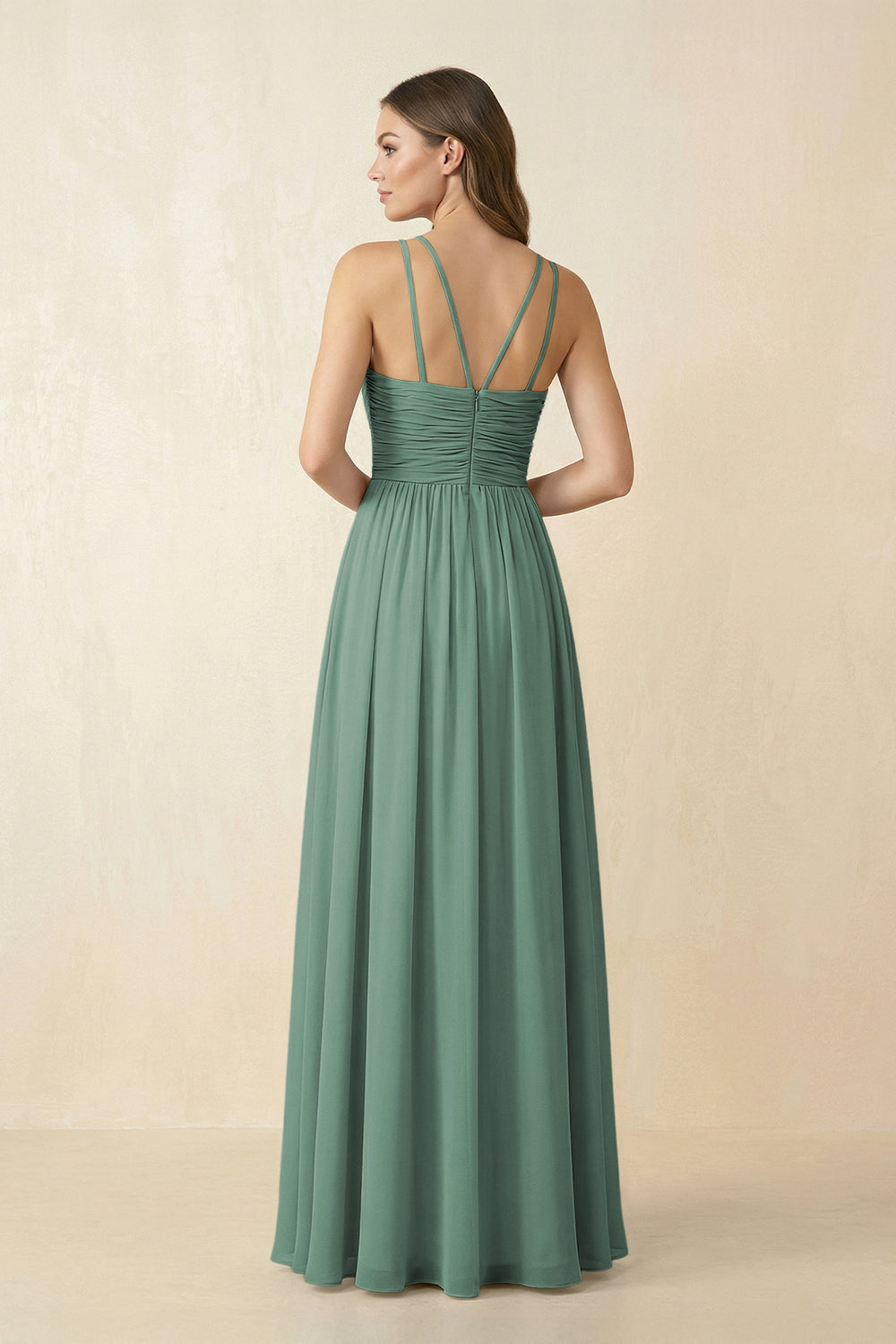 Halter Pleated A-Line Chiffon Bridesmaid Dress in Sea Glass
