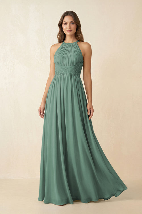 Sea Glass Halter Pleated A-Line Chiffon Bridesmaid Dress | KISSBRIDAL