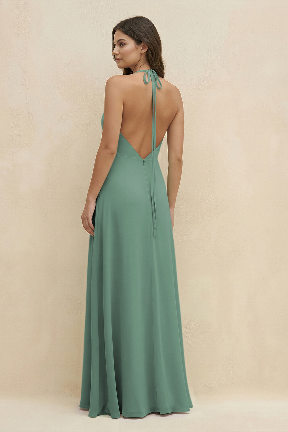 Halter Sheath Long Chiffon Bridesmaid Dress in Sea Glass