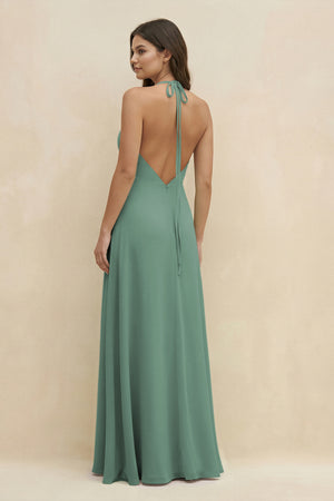 Sea Glass Halter Sheath Long Chiffon Bridesmaid Dress (2) | KISSBRIDAL
