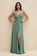 Sea Glass Halter Sheath Long Chiffon Bridesmaid Dress | KISSBRIDAL