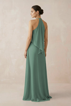 Sea Glass Halter Sheath Ruffled Chiffon Bridesmaid Dress (2) | KISSBRIDAL