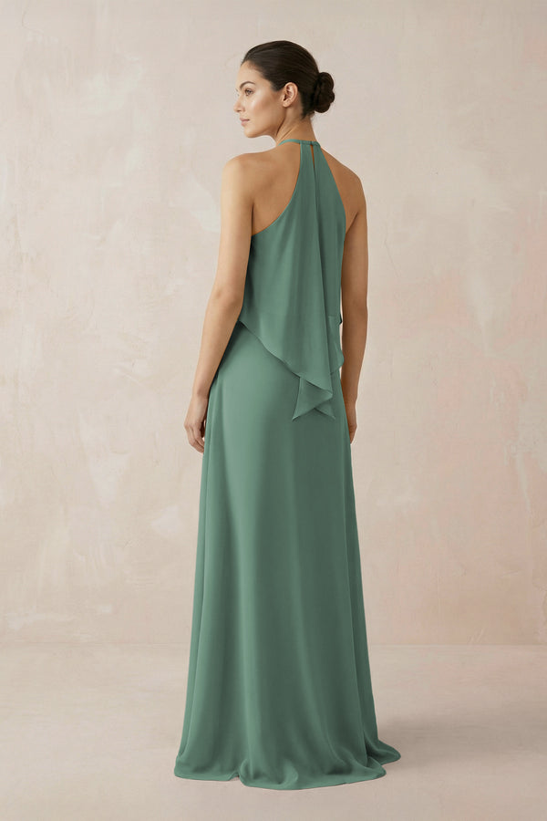 Sea Glass Halter Sheath Ruffled Chiffon Bridesmaid Dress (2) | KISSBRIDAL
