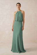 Sea Glass Halter Sheath Ruffled Chiffon Bridesmaid Dress | KISSBRIDAL