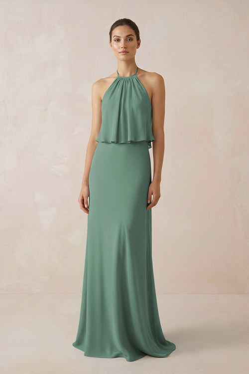 Sea Glass Halter Sheath Ruffled Chiffon Bridesmaid Dress | KISSBRIDAL