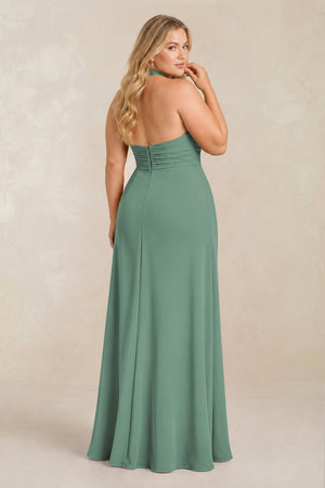 Sea Glass High Neck Chiffon Sheath Ruched Bridesmaid Dress (2) [sizeplus] | KISSBRIDAL