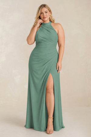 Sea Glass High Neck Chiffon Sheath Ruched Bridesmaid Dress [sizeplus] | KISSBRIDAL