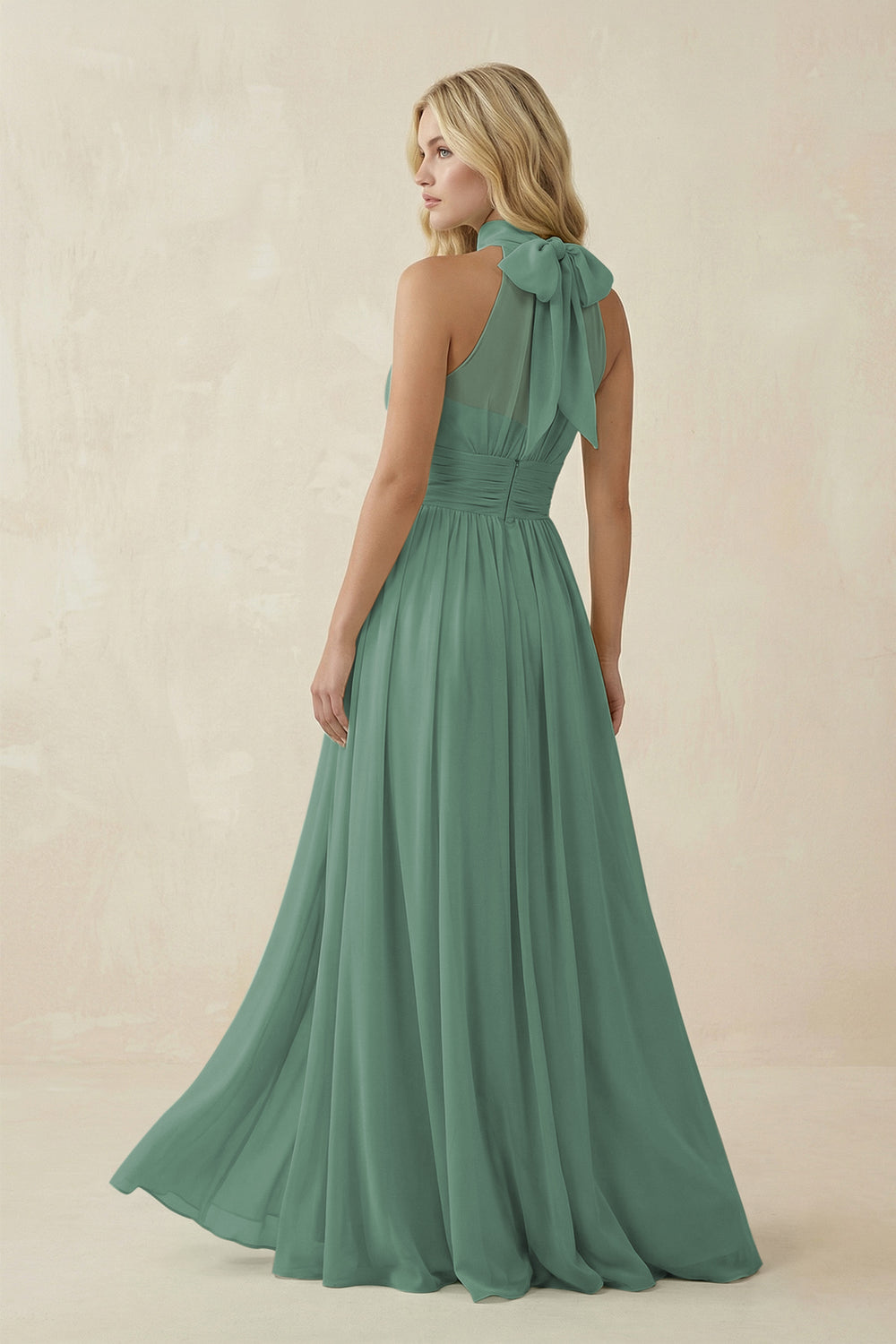 Illusion Halter A-Line Chiffon Bridesmaid Gown in Sea Glass