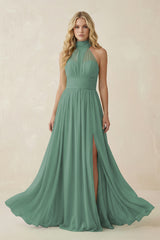Sea Glass Illusion Halter A-Line Chiffon Bridesmaid Gown | KISSBRIDAL