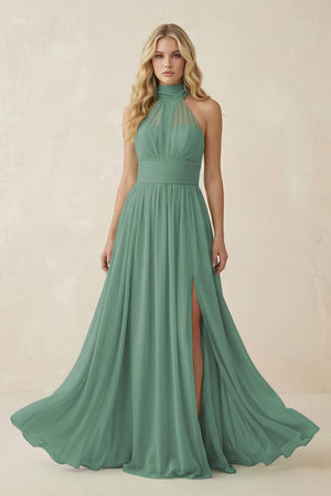 Sea Glass Illusion Halter A-Line Chiffon Bridesmaid Gown | KISSBRIDAL