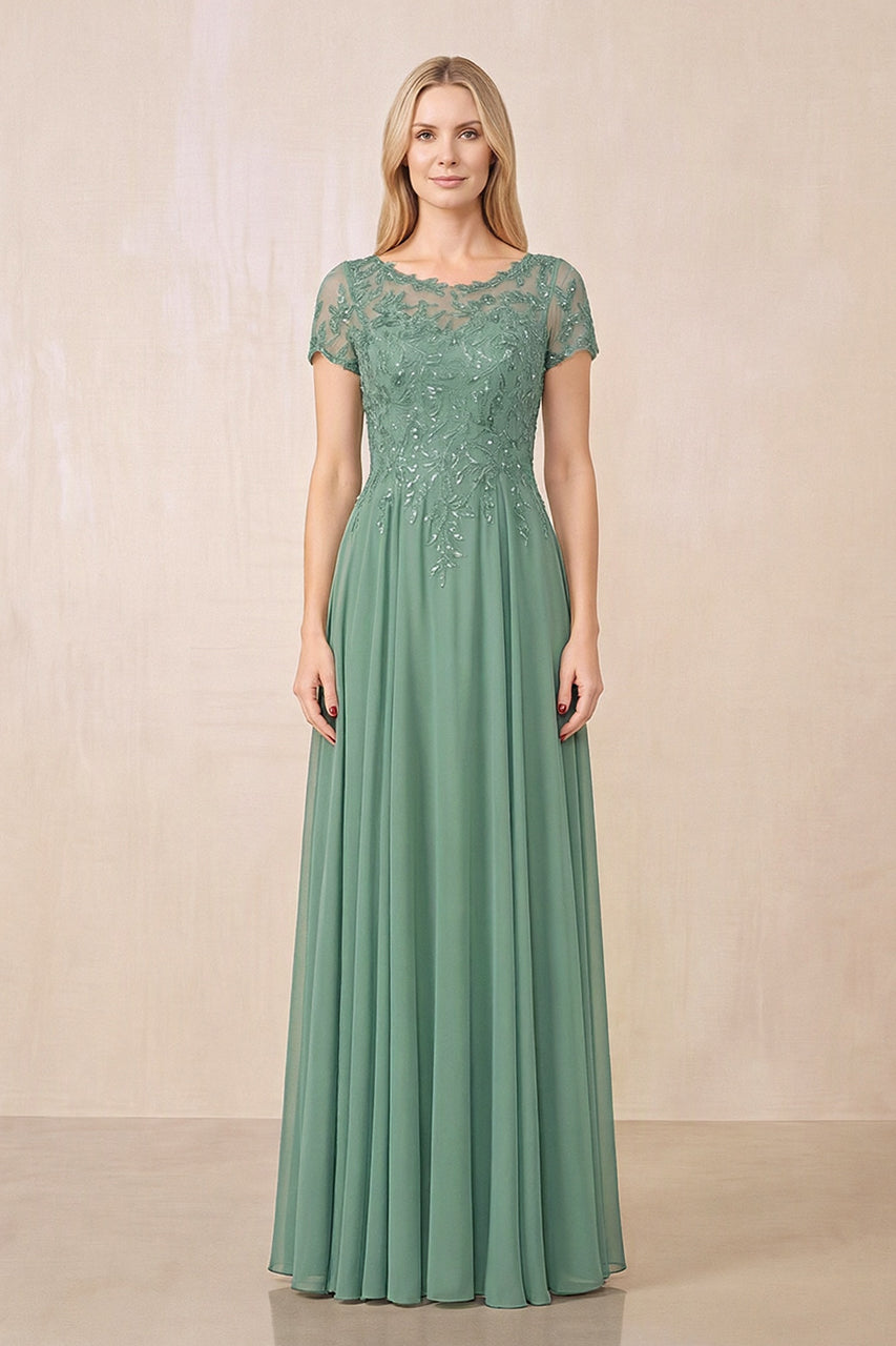 Sea Glass Illusion Neck A-Line Chiffon Cap Sleeves Mother of the Bride Dress