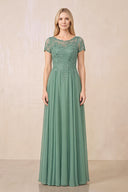 Sea Glass Illusion Neck A-Line Chiffon Cap Sleeves Mother of the Bride Dress | KISSBRIDAL