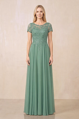 Sea Glass Illusion Neck A-Line Chiffon Cap Sleeves Mother of the Bride Dress | KISSBRIDAL