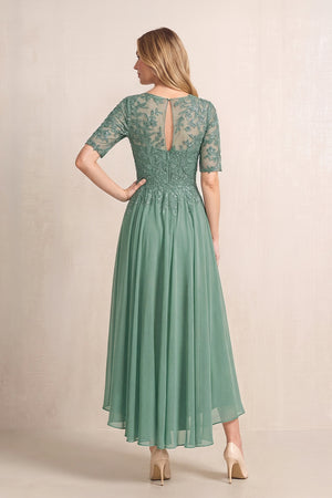 Sea Glass Illusion Neck A-Line Chiffon Lace Midi Mother of the Bride Dress with Half Sleeves (2) | KISSBRIDAL
