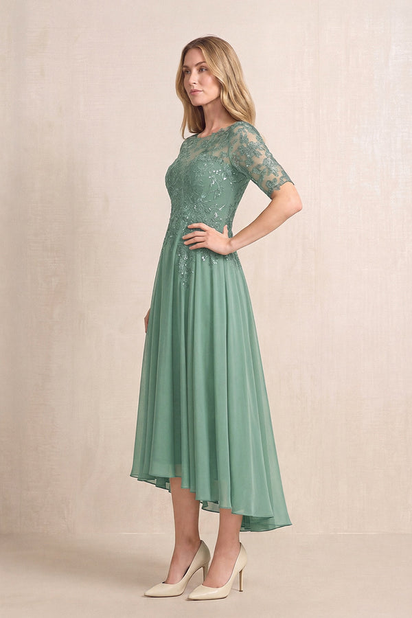 Sea Glass Illusion Neck A-Line Chiffon Lace Midi Mother of the Bride Dress with Half Sleeves (3) | KISSBRIDAL
