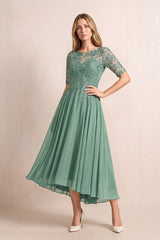 Sea Glass Illusion Neck A-Line Chiffon Lace Midi Mother of the Bride Dress with Half Sleeves | KISSBRIDAL