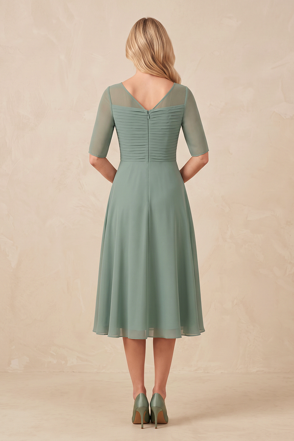 Sea Glass Illusion Neck A-Line Chiffon Pleated Mother of the Bride Dress with Sleeves (2) | KISSBRIDAL